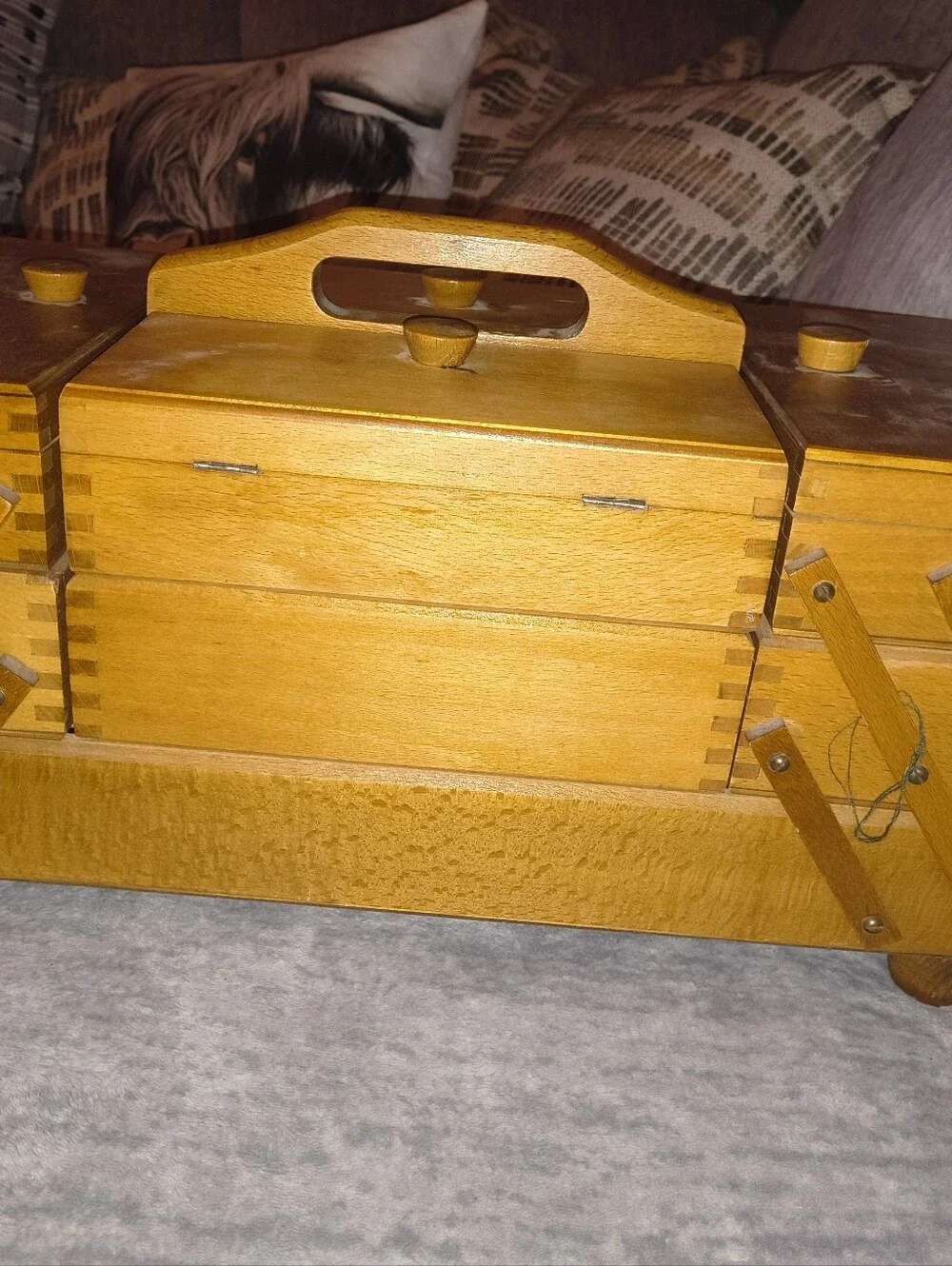 Vintage Wooden Sewing Box Organizer - Natural Wood